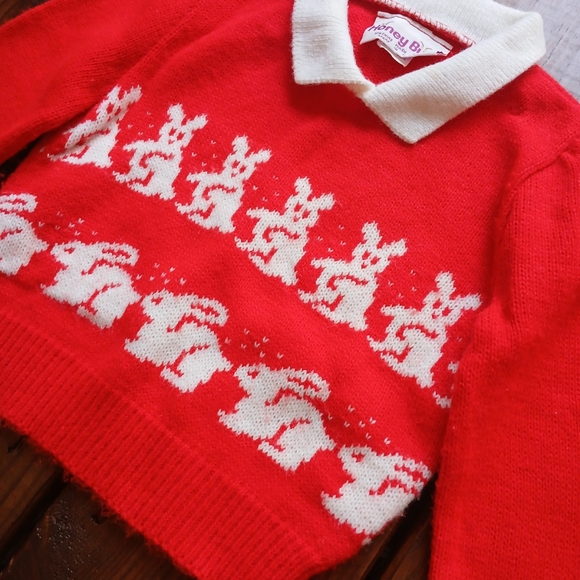 Vintage 80's baby little girls toddler red white bunny rabbit knit sweater - Picture 3 of 5